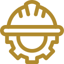 Industrial icon of a hard hat within a gear symbol.